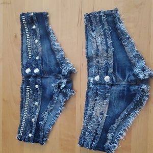 2 Sexy cut off low waist denim jean shorts mini hot pants Size Small